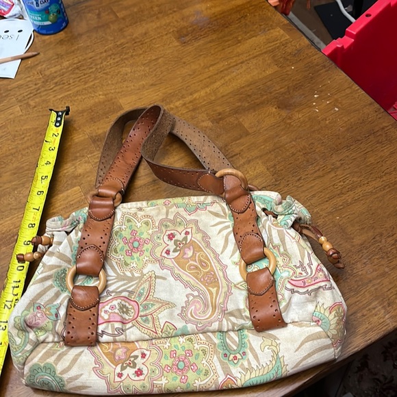 Vintage FOSSIL leather/canvas?/bead/sequin/wood pastel paisley purse - Picture 2 of 6
